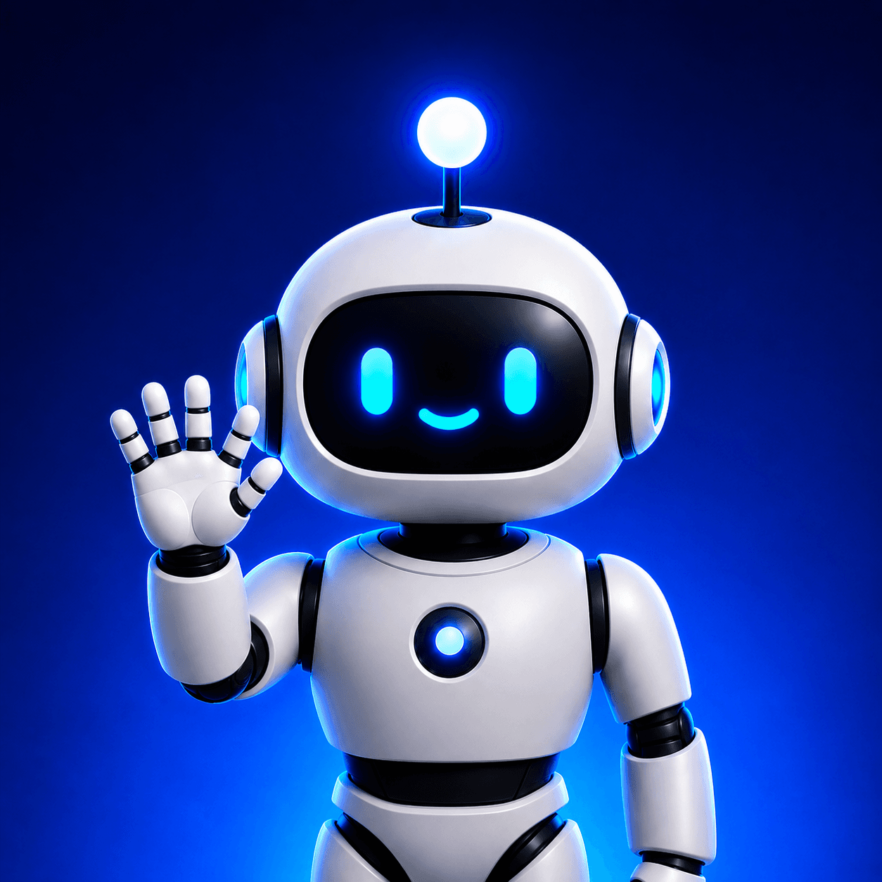 Opelio Bot winkt vor blauem Hintergrund